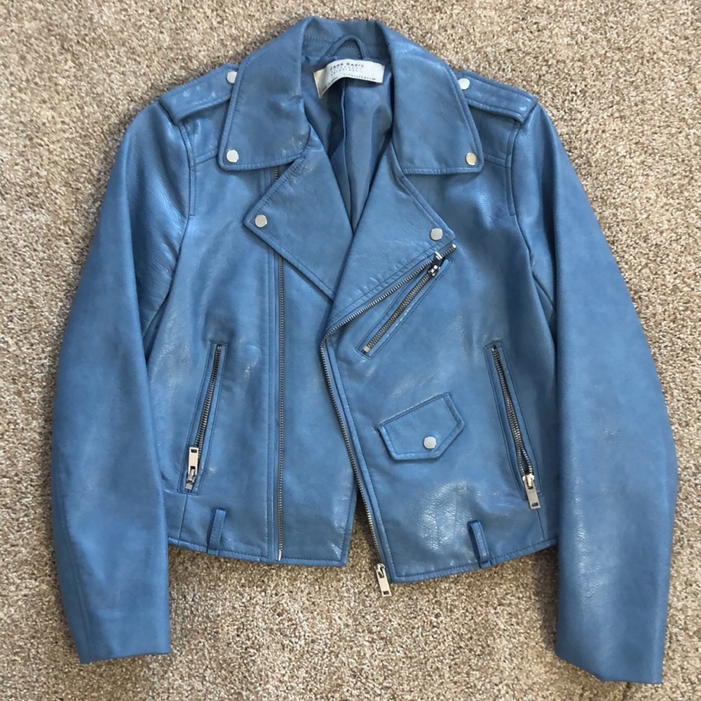 Baby blue vegan leather moto jacket size small